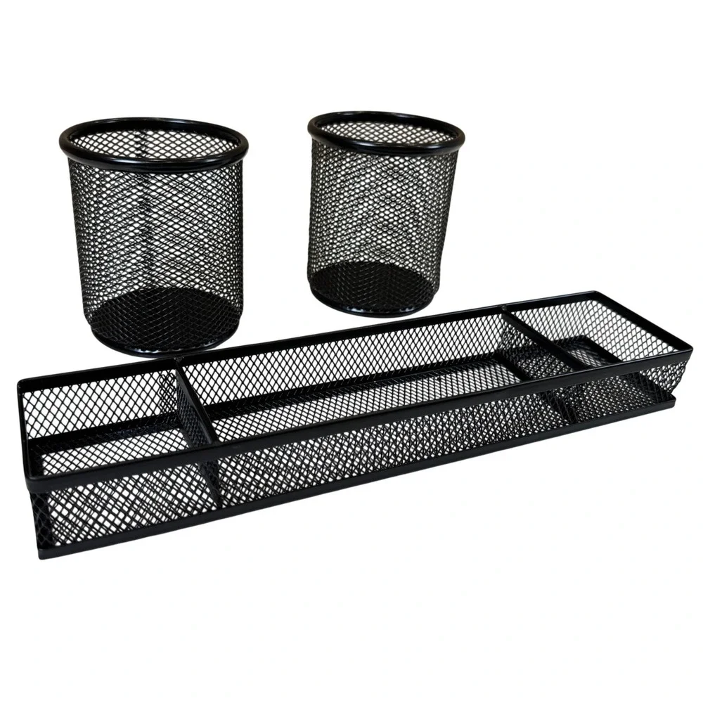 Black Wire Mesh Desk Organizer Set 3 Piece Pencil Cups and Divided Drawer Tray